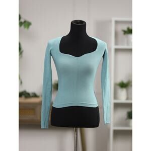 Aritzia Wilfred Ribbed Long Sleeve Top Teal Scoop Neck Fitted Minimalist Size S